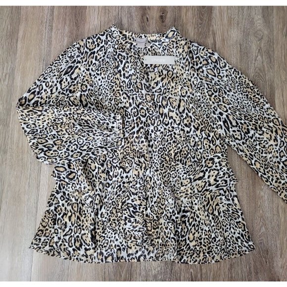 NEW Chico's 2 (L/12) Leopard Sheer Women Ruffle Button Up Top Long Back Texture - Picture 1 of 9